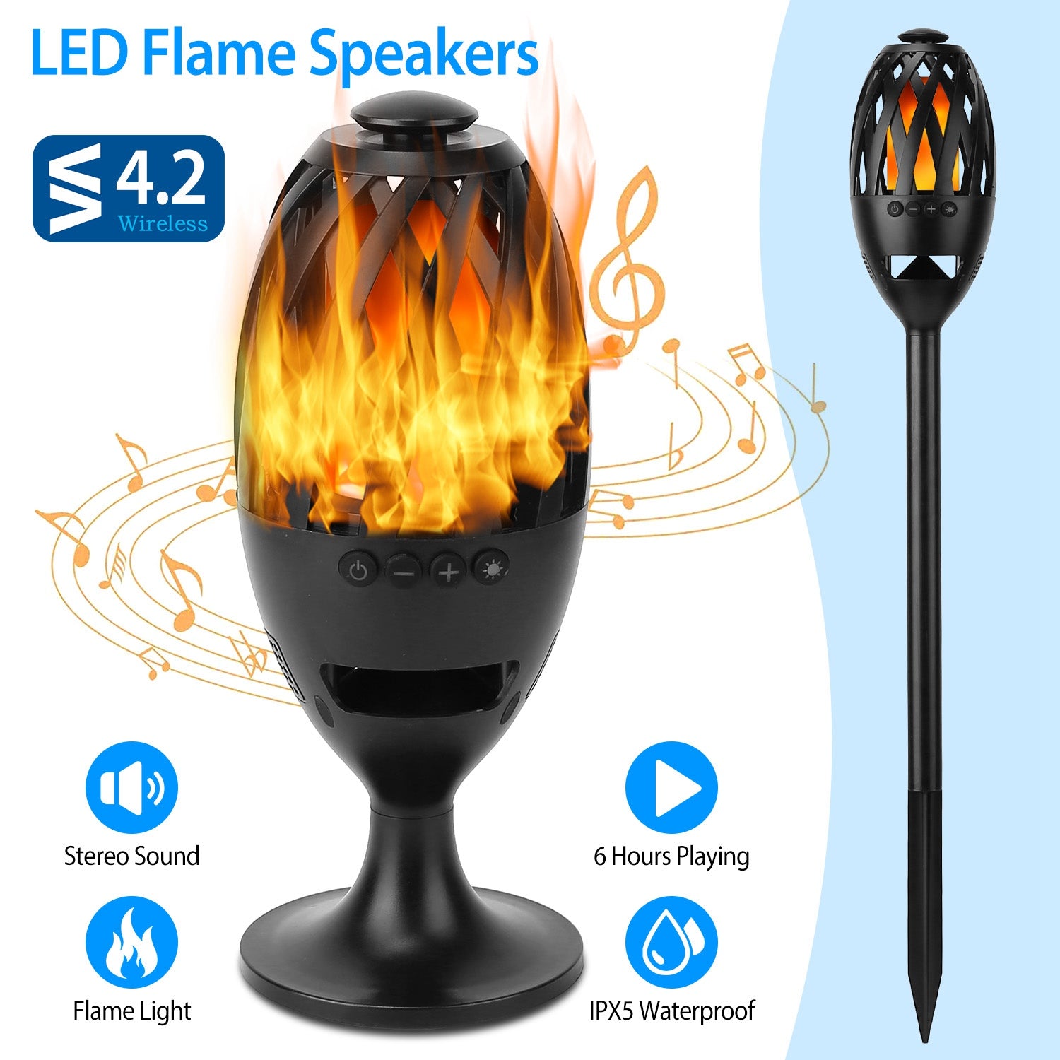 LED flame speaker with wireless 4.2 connection, stereo sound, flame light, and IPX5 waterproof features.