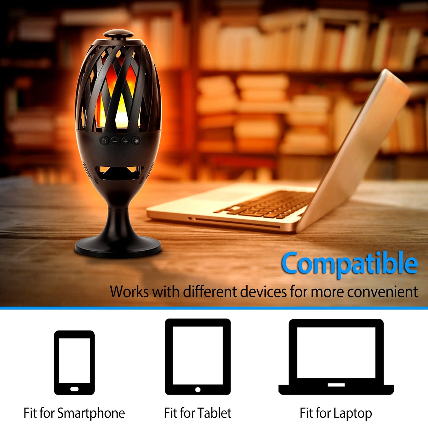 Futuristic black and orange light bulb on a wooden surface with a laptop in the background.