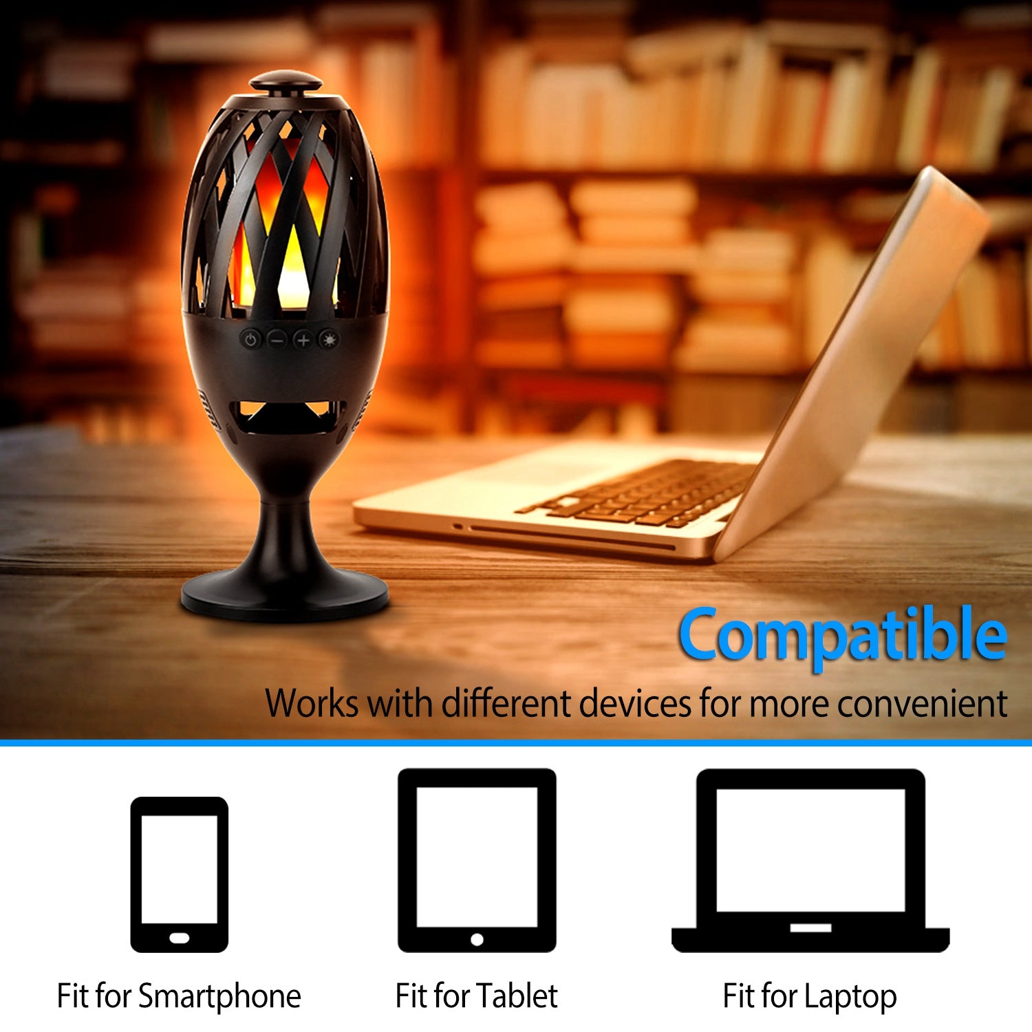 Futuristic black and orange light bulb on a wooden surface with a laptop in the background.