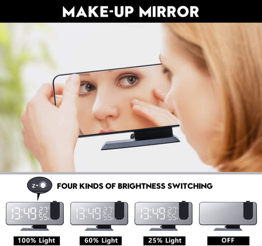 Make-up mirror with brightness switching options displayed on a screen.