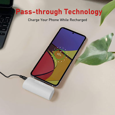 Phone charging on a stand with 'Pass-through Technology' text above. Power Bank Phone Charger