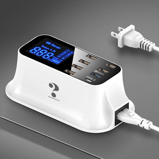 White USB charging station with digital display on a gray background