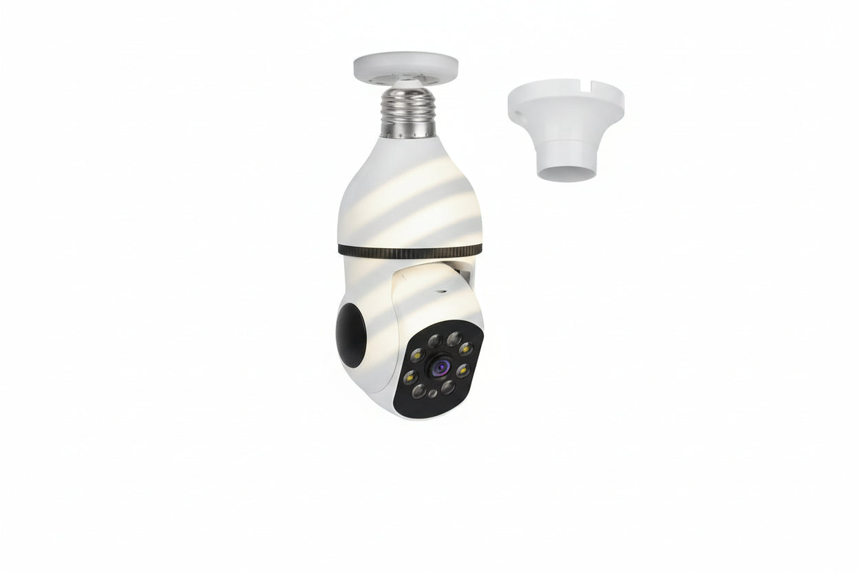 Smart camera light bulb in a room with curtains