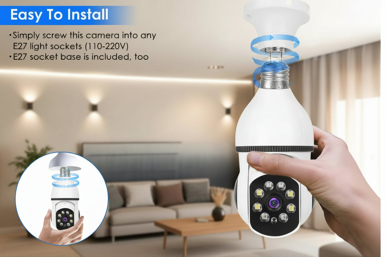Hand holding a light bulb-shaped camera with installation instructions in a living room setting.
