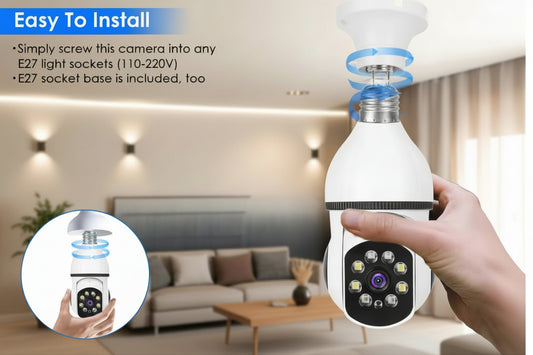 Hand holding a light bulb-shaped camera with installation instructions in a living room setting.