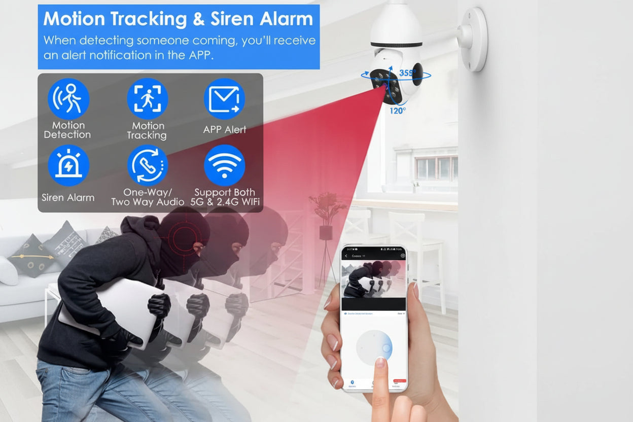 Security system with motion tracking and siren alarm features, showing a smartphone app interface.