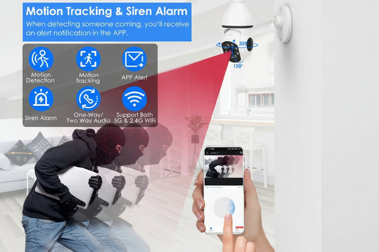 Security system with motion tracking and siren alarm features, showing a smartphone app interface.