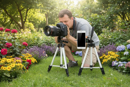 Person using a camera and smartphone on Camera Tripod Stand in a garden setting