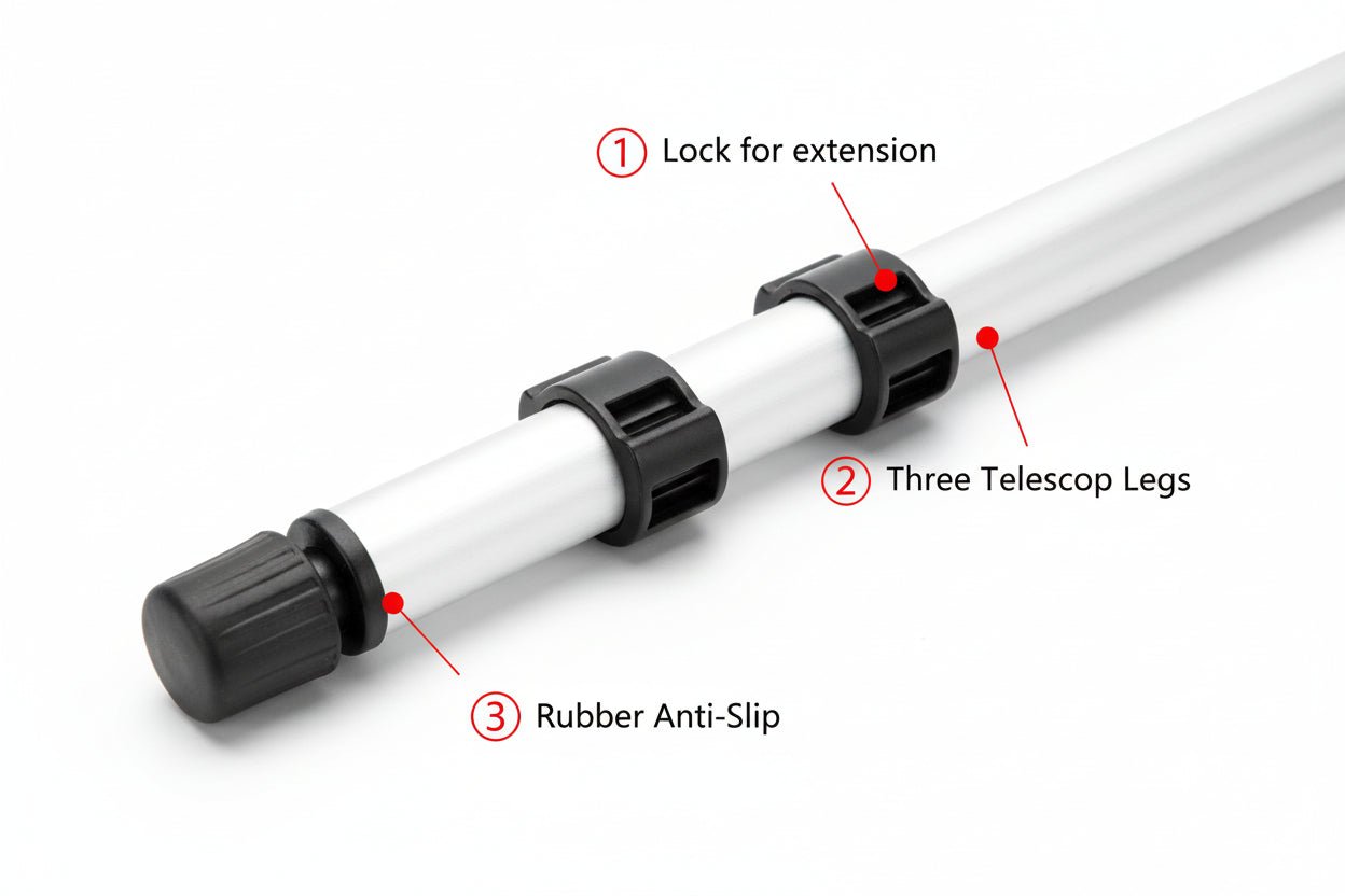 Telescopic stand with labeled parts on a white background