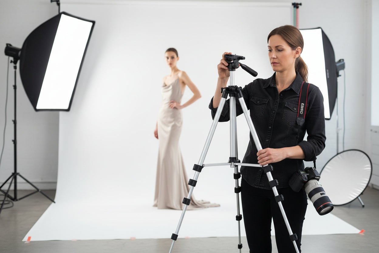 Photographer setting up equipment with a model in the background in a studio setting