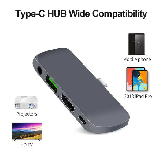 Type-C hub with compatibility icons for mobile phone, projector, HD TV, and 2018 iPad Pro on a white background.