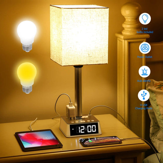 Table lamp with clock and USB ports on a nightstand, with two light bulbs shown.