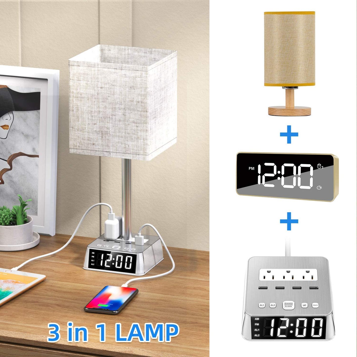 3-in-1 lamp with clock and USB ports on a wooden surface.