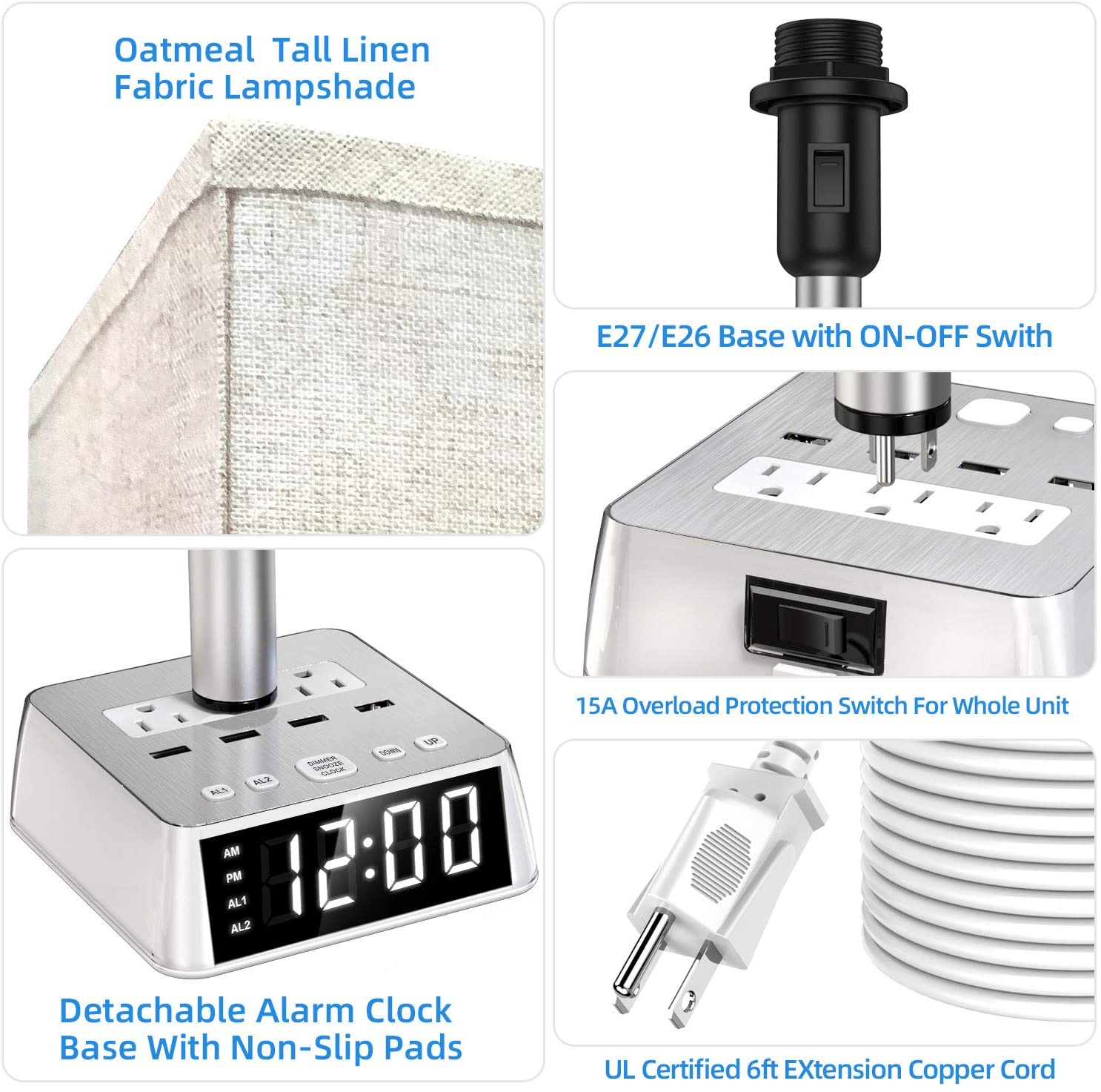 Collage of products including a lampshade, socket with switch, alarm clock base, and extension cord.