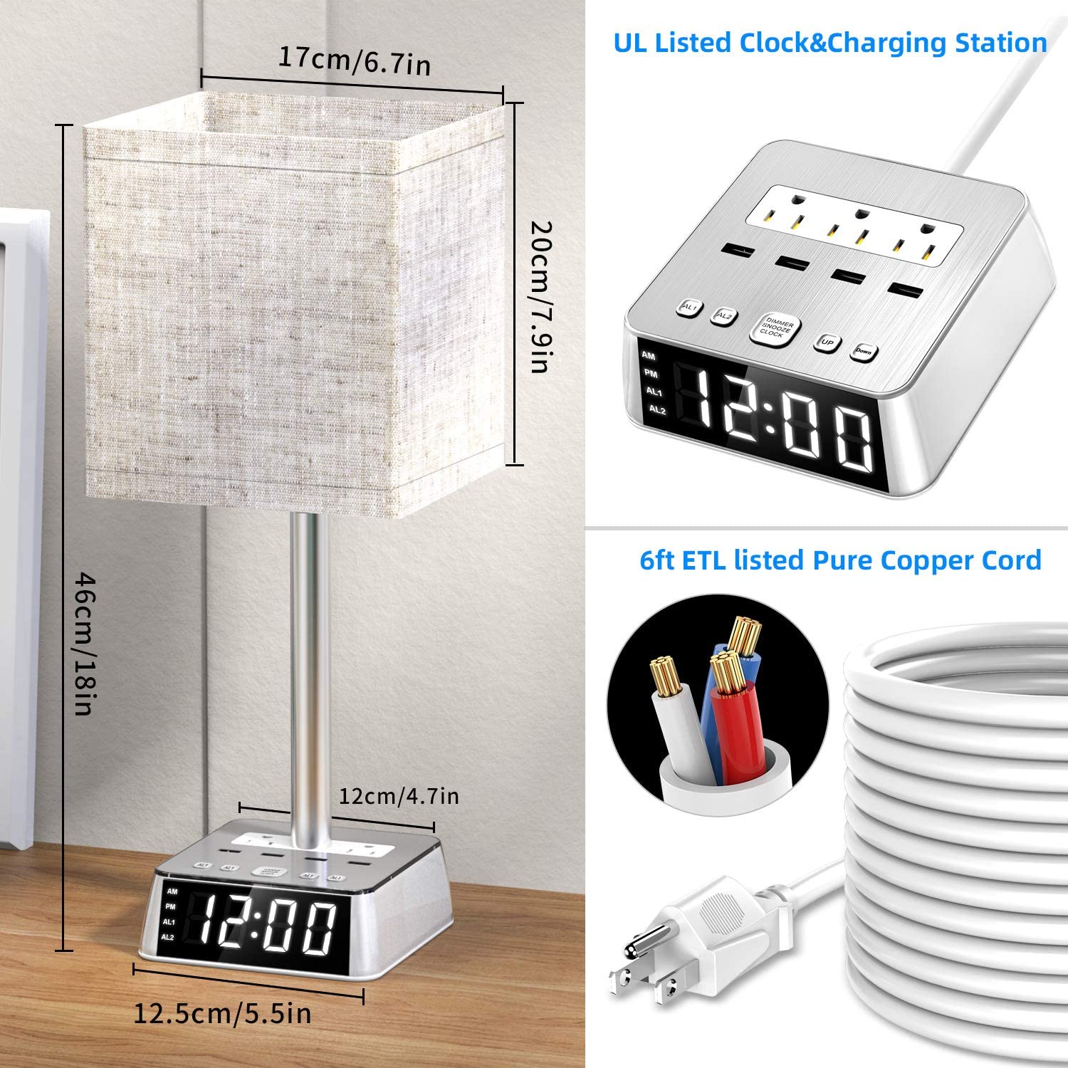Table lamp with digital clock and charging station, showing dimensions and features.