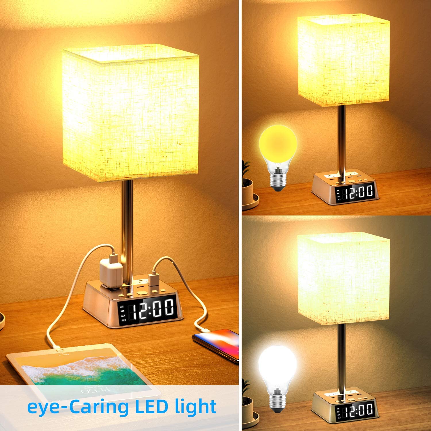 Table lamp with digital clock and USB charging ports on a wooden surface, emitting a warm glow.