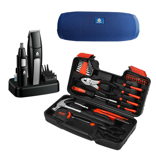 Grooming kit with hair trimmer, accessories, and a tool set on a white background.