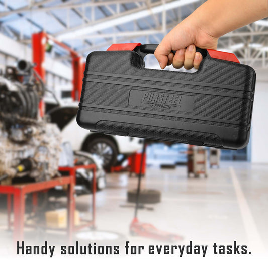 Person holding a black tool case with 'Pursteel' branding in a workshop setting.