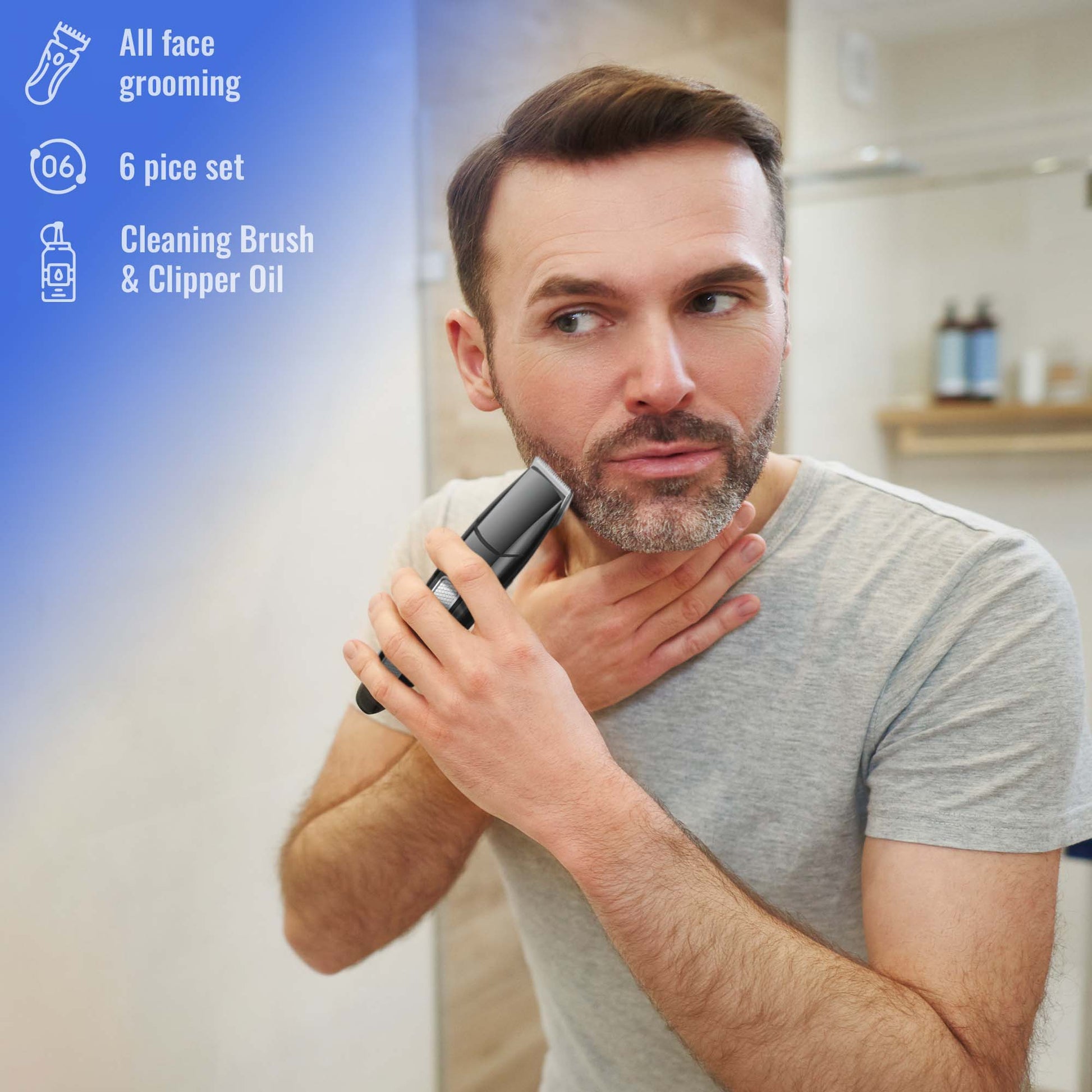 Man using a grooming tool in front of a mirror with product details on the side.