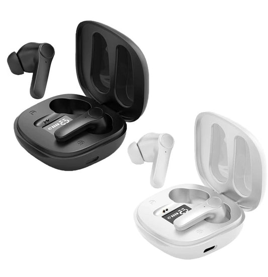 Black and white wireless Translator Earbuds with charging cases on a white background