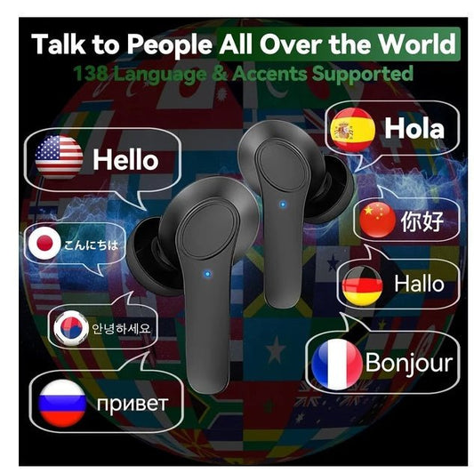 Black wireless earbuds with language support icons on a world map background