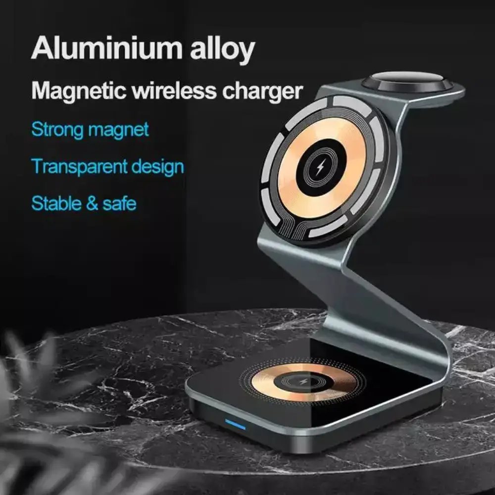 Magnetic wireless charger with transparent design on a dark surface