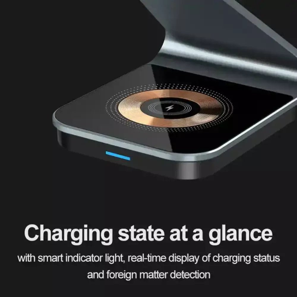 Wireless charging pad with smart indicator light on a black background