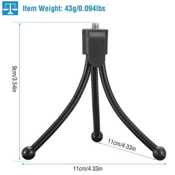 Black flexible tripod with measurements on a white background