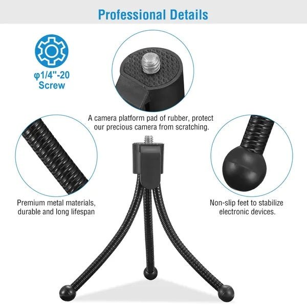 Black camera tripod with detailed features on a white background