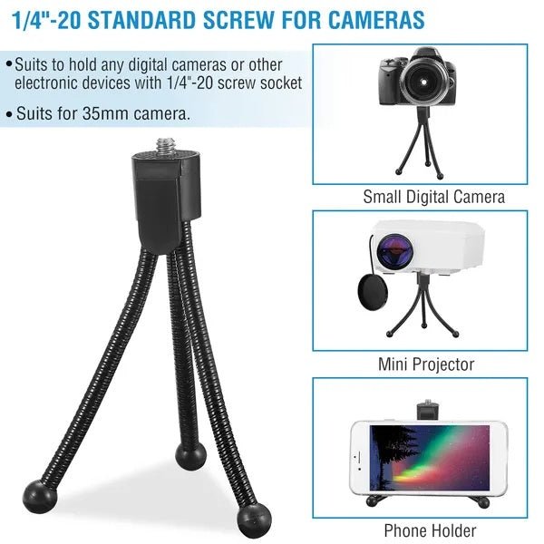 Flexible tripod stand with text about its use for cameras, projectors, and phones.