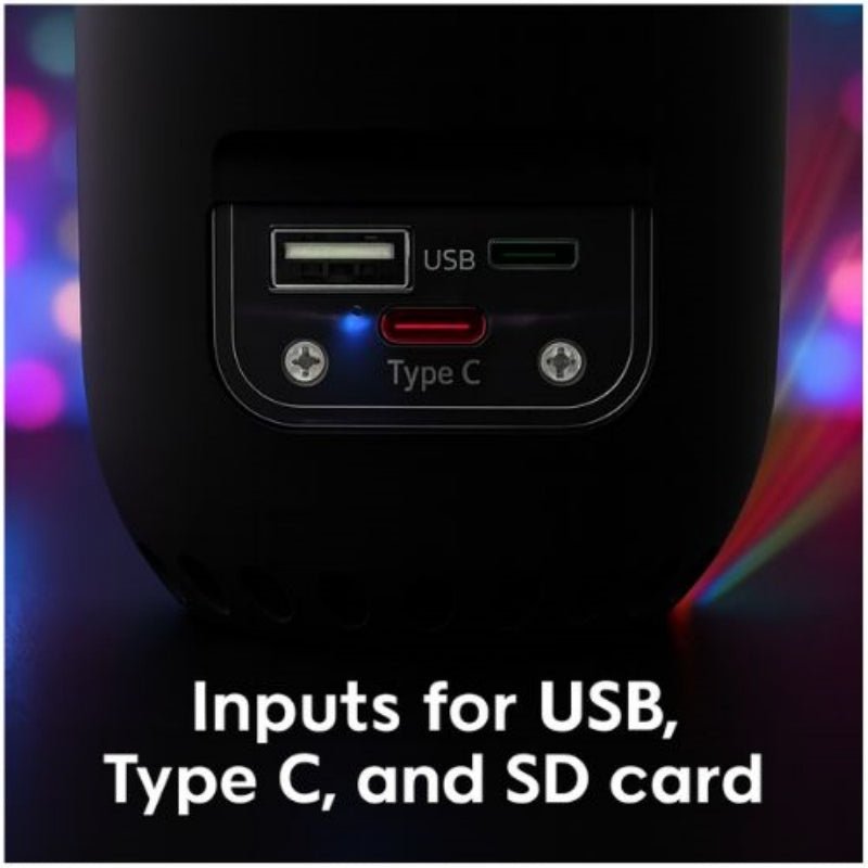 Close-up of a device with USB, Type C, and SD card inputs on a colorful blurred background.