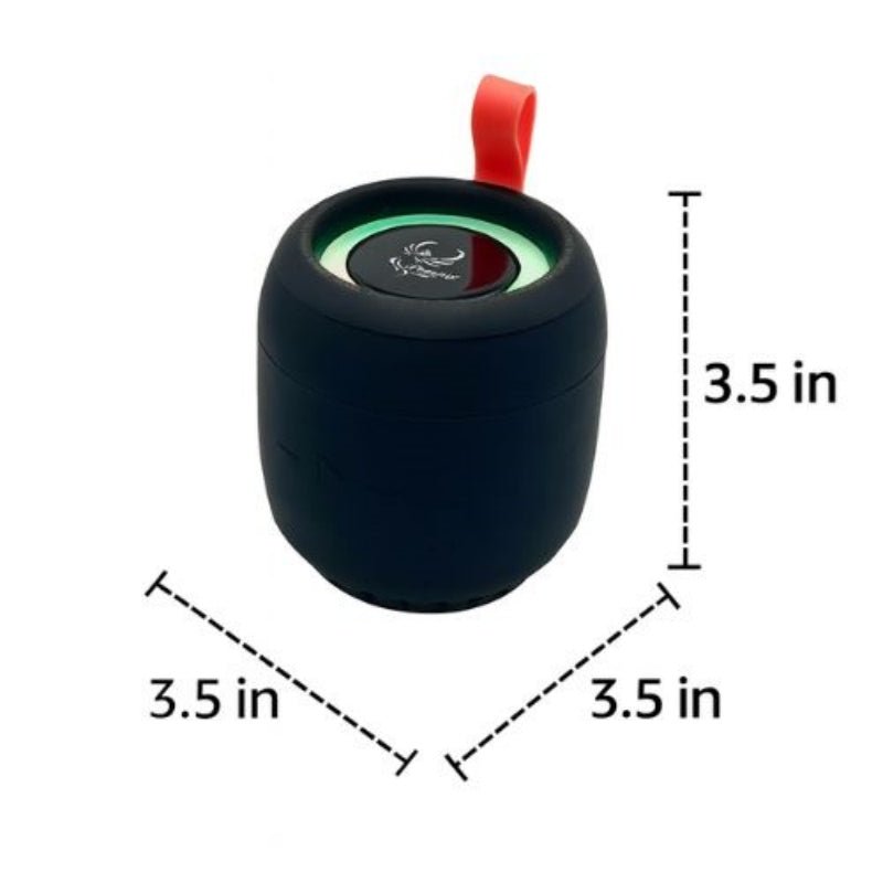 Black portable speaker with red handle and dimensions labeled on a white background