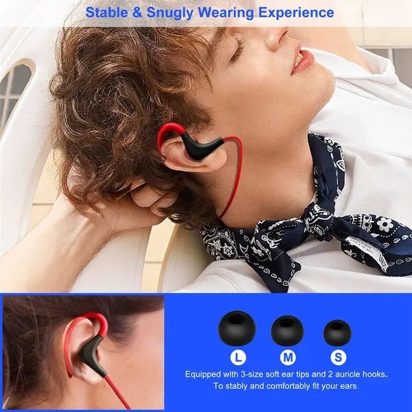 Person wearing wireless earbuds with text about stable and snugly wearing experience.