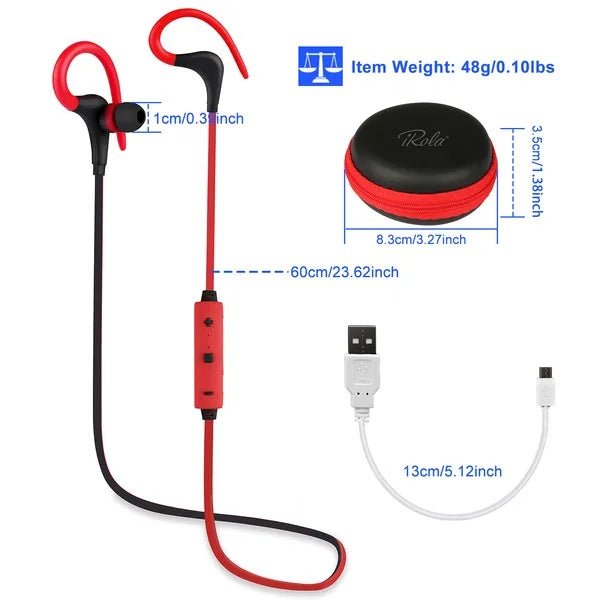 Red and black wireless earbuds with USB cable and packaging on a white background