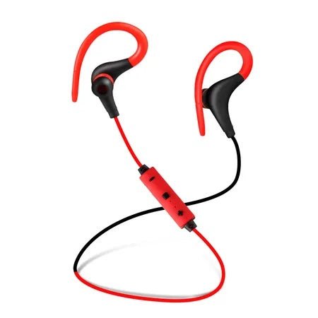 Red and black wireless earbuds on a white background