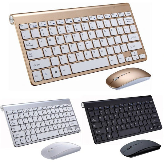 Set of wireless keyboards and mice in gold, silver, and black on a white background