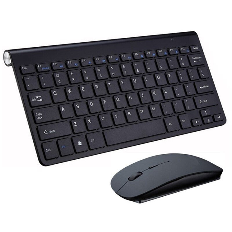 Black wireless keyboard and mouse set on a white background