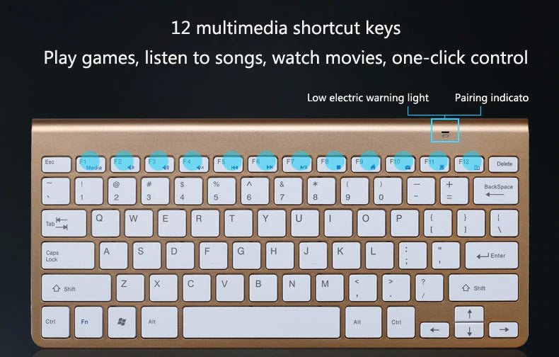 Gold keyboard with multimedia shortcut keys on a black background