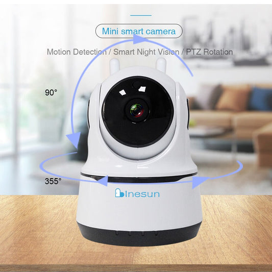 Mini smart camera with motion detection and PTZ rotation features on a wooden surface.