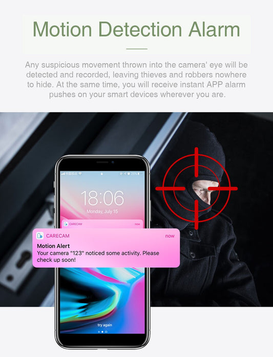 Smartphone with motion detection alarm app on screen, showing a target symbol over a person in a hooded outfit.