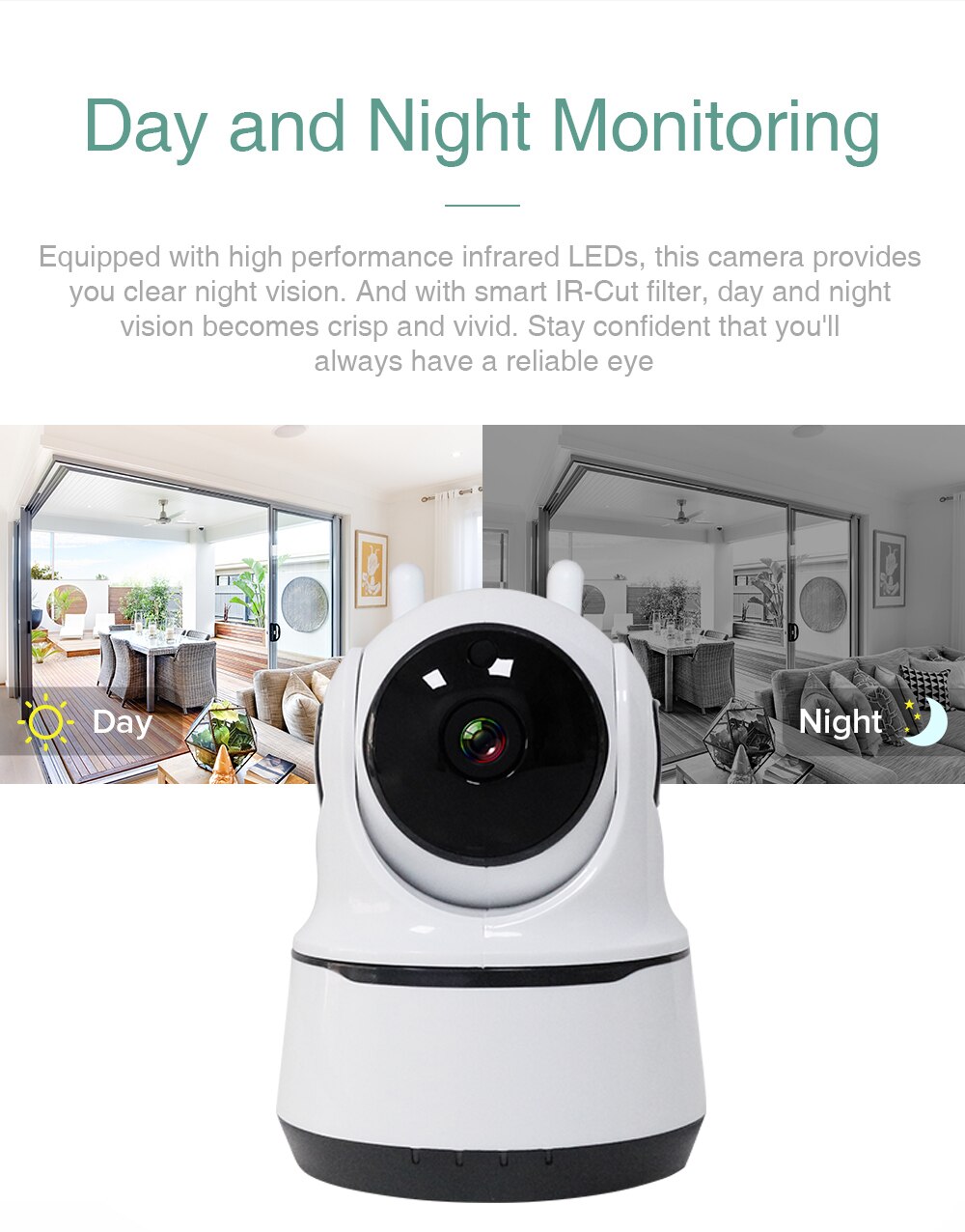White security camera with day and night vision features, displayed against a white background.