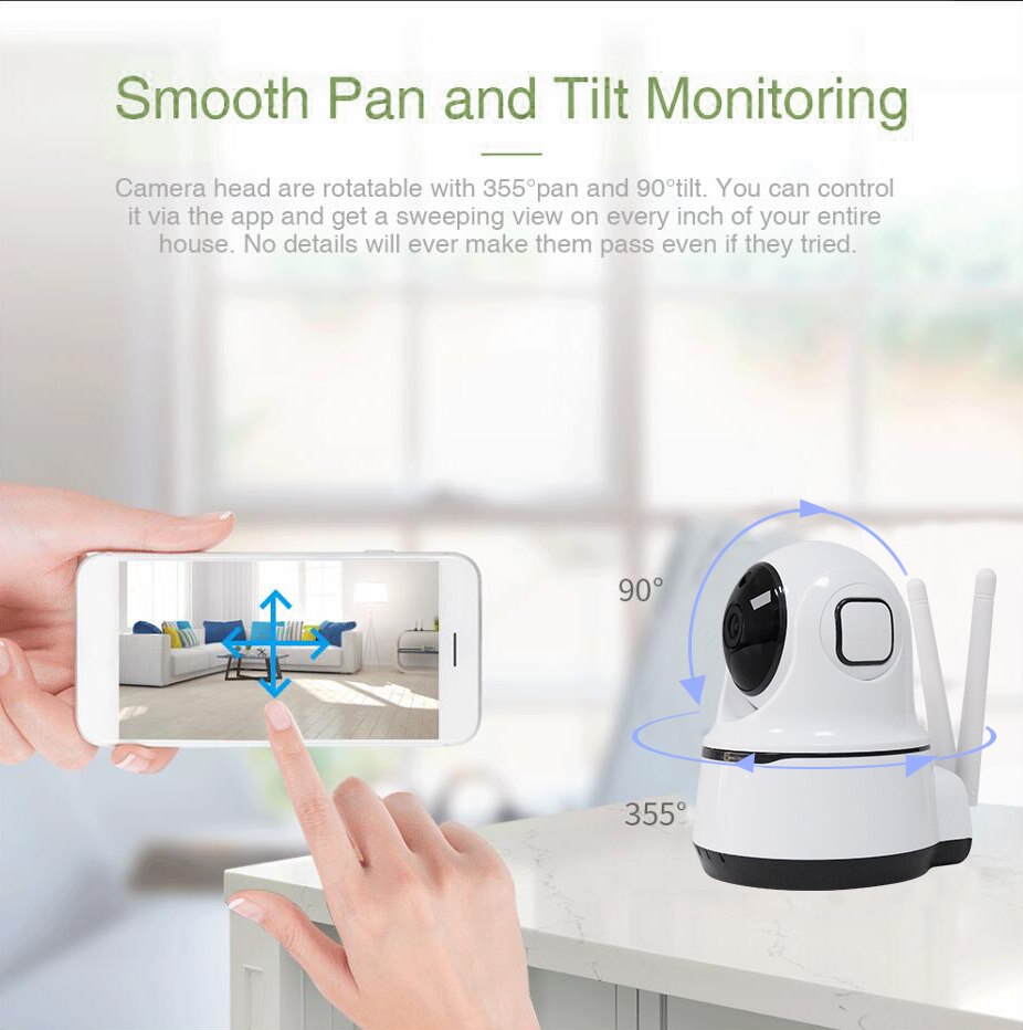 Smart home security camera with smartphone app interface on a blurred indoor background
