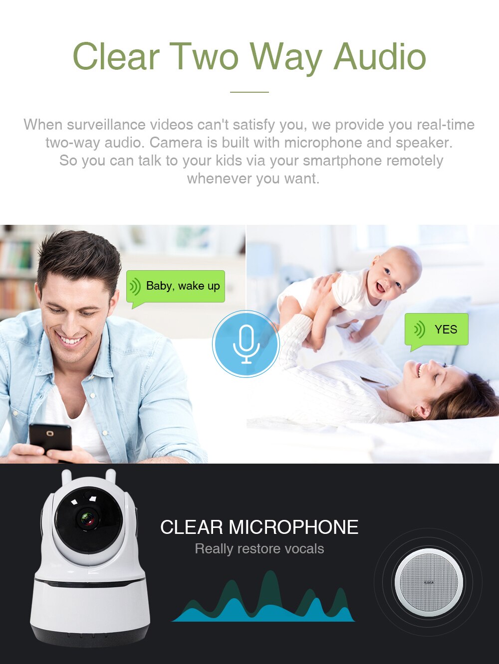 Advertisement for a two-way audio surveillance system with text and images of a man and woman with a baby.