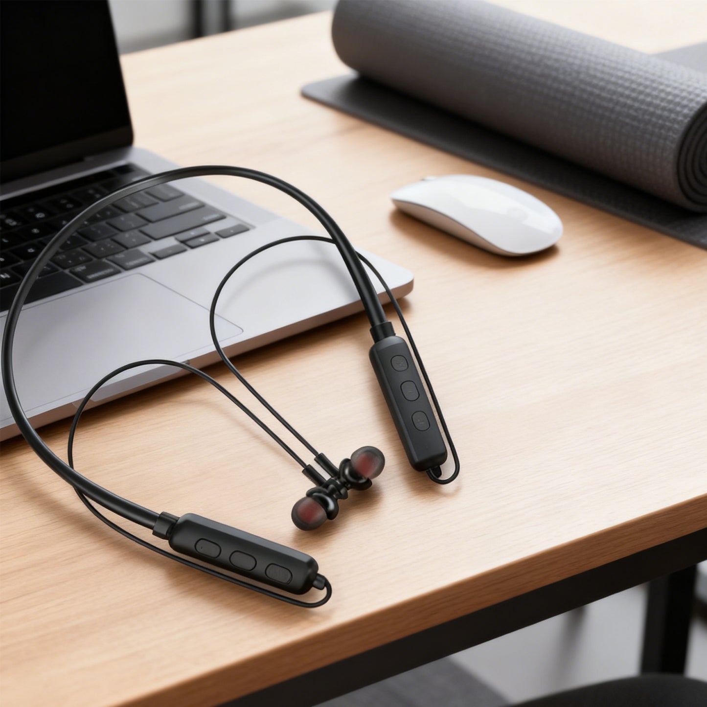 Black wireless earbuds on a desk with a laptop, mouse, and yoga mat in the background.