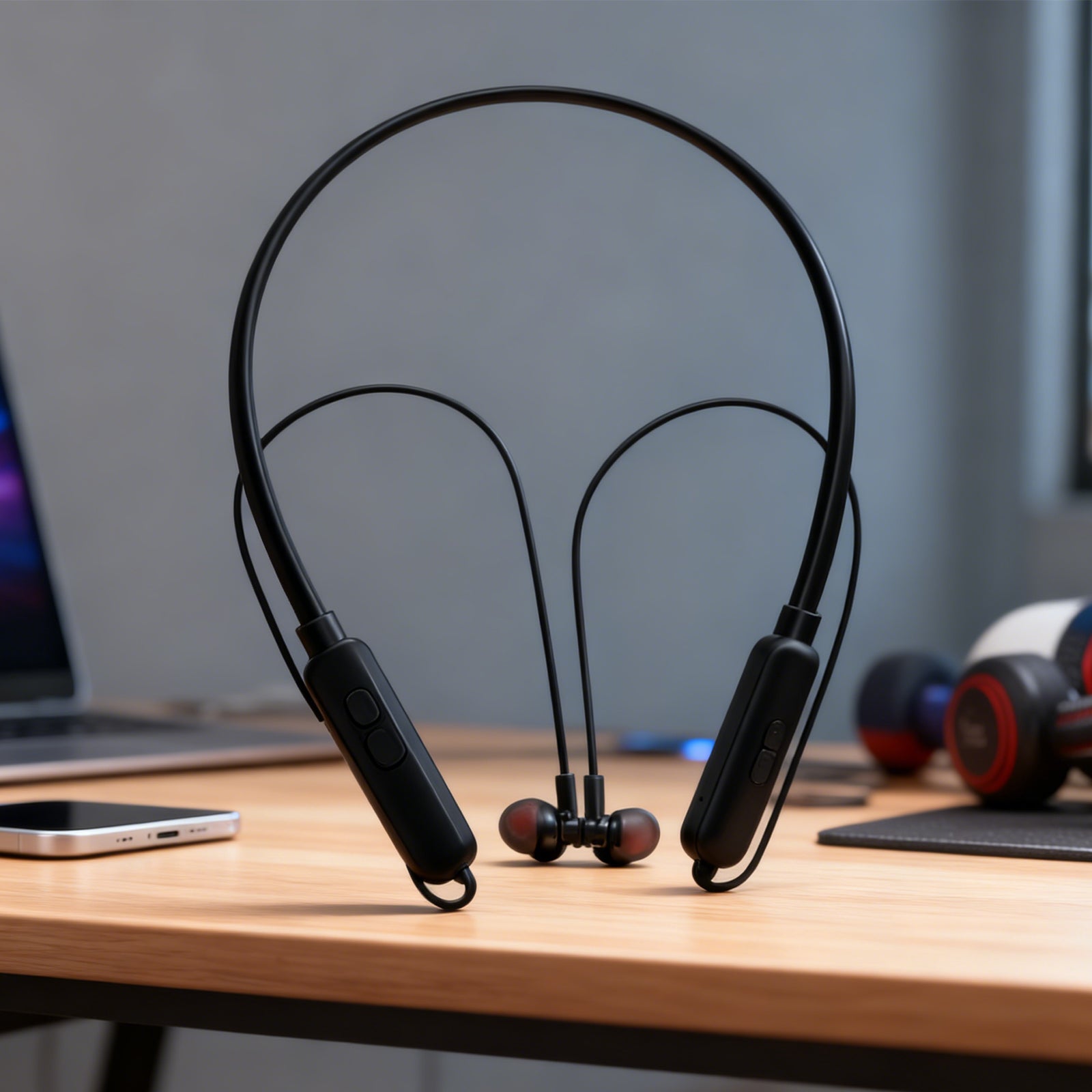 Black wireless earbuds on a wooden desk with a blurred background
